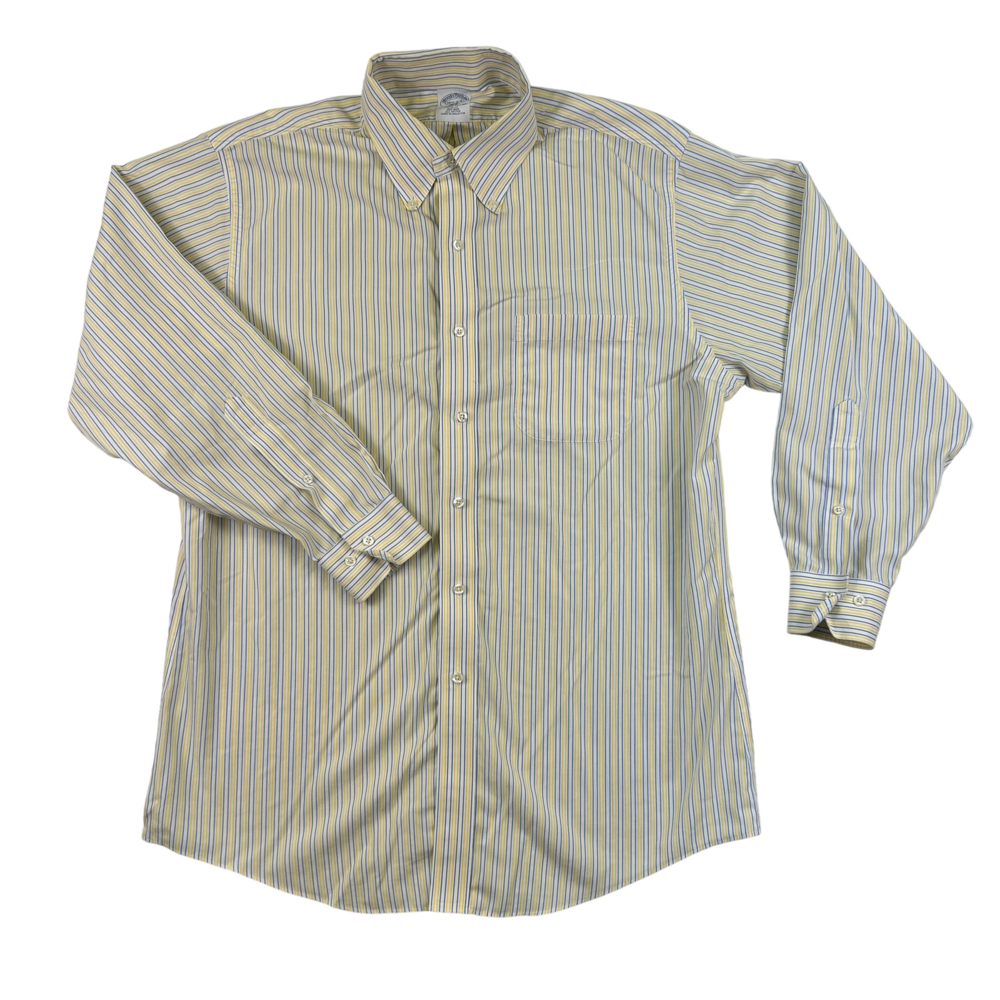 Brooks Brothers Shirt Mens 16.5 Slim Fit 346 Yellow Blue Stripe Non Iron Cotton
